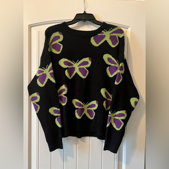 Aqua Blues Sweaters - Aqua Blue Butterflies Pullover Crew Sweater Black Purple Green Women’s Medium